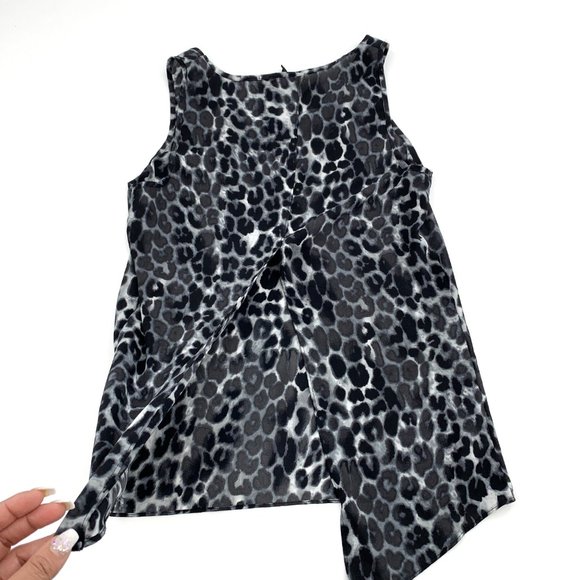 Express Snow Leopard Black Grey Tank Top Split Back XS Sheer Blouse Scoop Neck - Picture 9 of 11